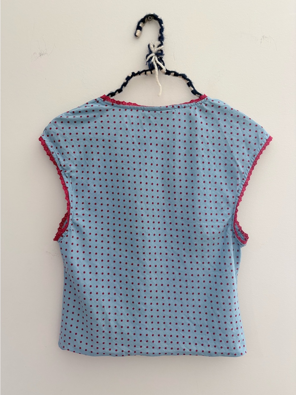 Reformation Blue Polka Dot V-Neck Camisole with Pink Trim - Picture 2 of 5